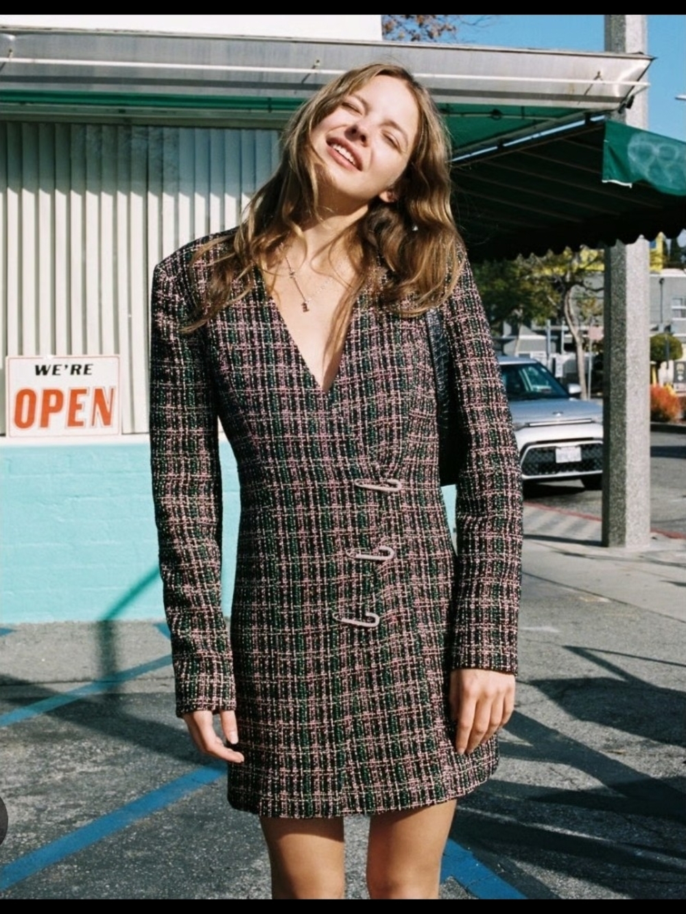 Zara Textured Pink Tweed Long-Sleeve Mini Blazer Dress Size M